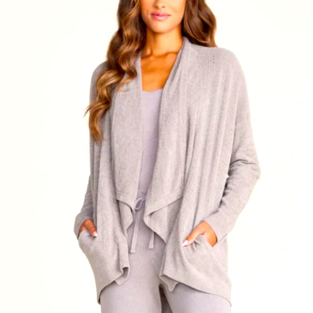 Barefoot Dreams CozyChic Lite Pointelle Cardigan Size M Gray Open Front Knit